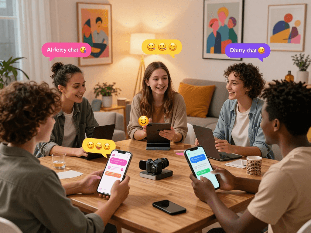 Engaging chat scene on smart devices demonstrating ai dirty chat conversations with playful emojis in a cozy urban setting.