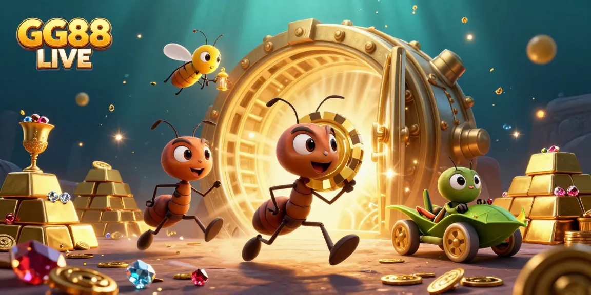 Engaging scene with GG88 LIVE featuring playful ants in a heist, golden chips, and sparkling treasures.