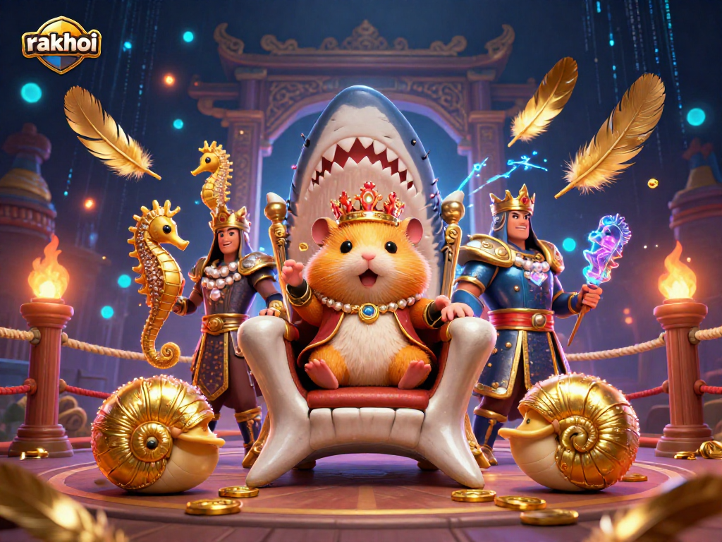 Experience rakhoi's vibrant casino atmosphere with a golden hamster king and sea creatures in a rich illustration.