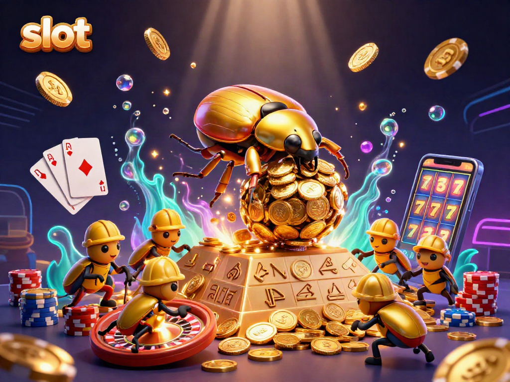Experience thrilling slot action with a golden dung beetle and casino elements in a vibrant 3D scene.