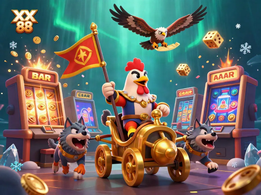 Experience thrilling gameplay at XX 88 with a 3D rooster warlord and jackpot excitement among casino elements.