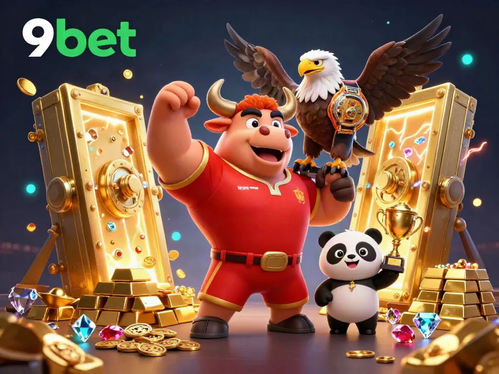 Bet big with 9bet's vibrant casino atmosphere featuring a winning bull mascot and treasures.