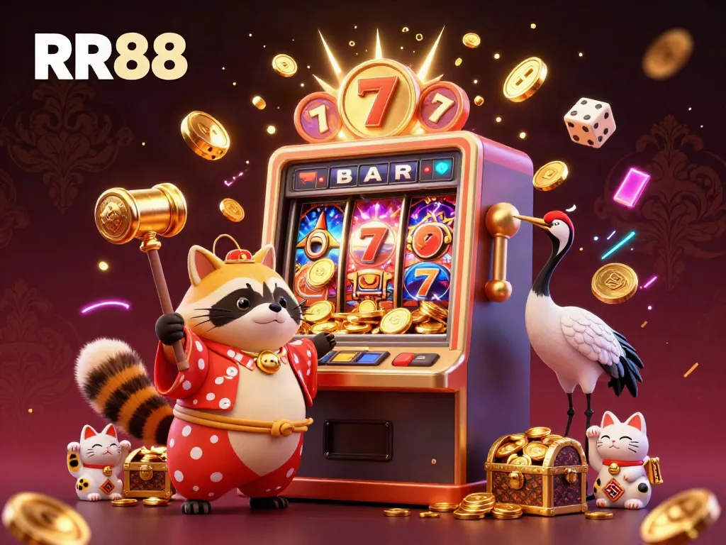 Engage with RR88 through vibrant casino action featuring a tanuki holding a lucky mallet amidst a jackpot explosion.