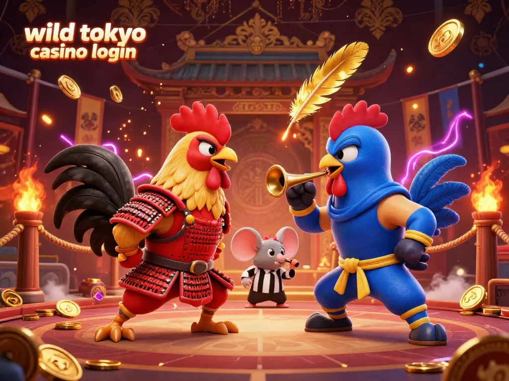 Engage in the wild tokyo casino login experience with dynamic roosters facing off in a vibrant casino scene.