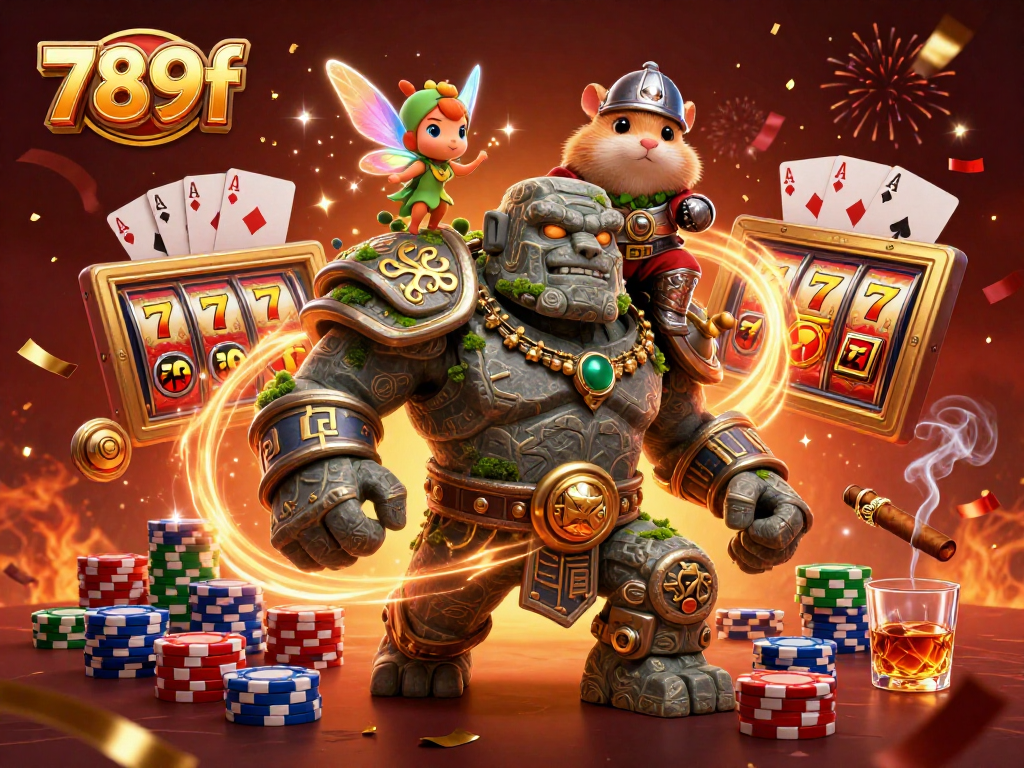 Experience the excitement of 789f with a lively scene featuring a magical golem and vibrant casino elements.