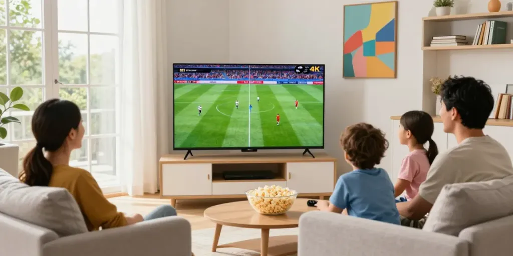 Miglior IPTV family enjoying a football match in 4K at home with a bright living room