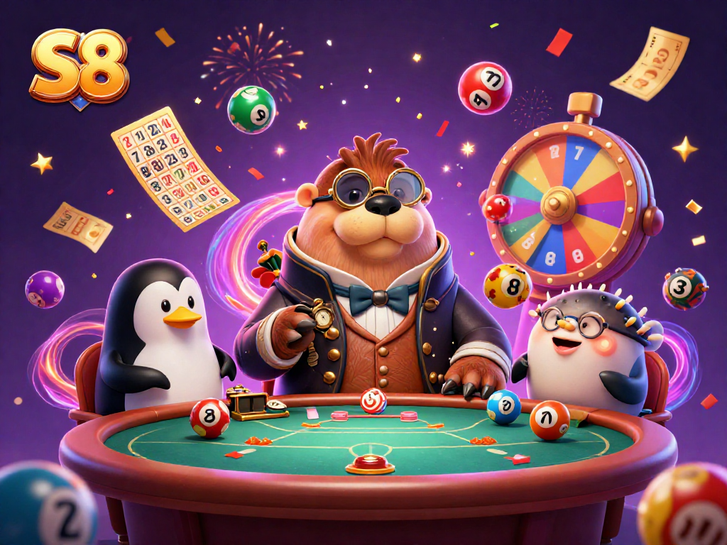 S8 casino scene featuring a walrus, penguin dealer, and pufferfish, engaging in a lively underwater poker game
