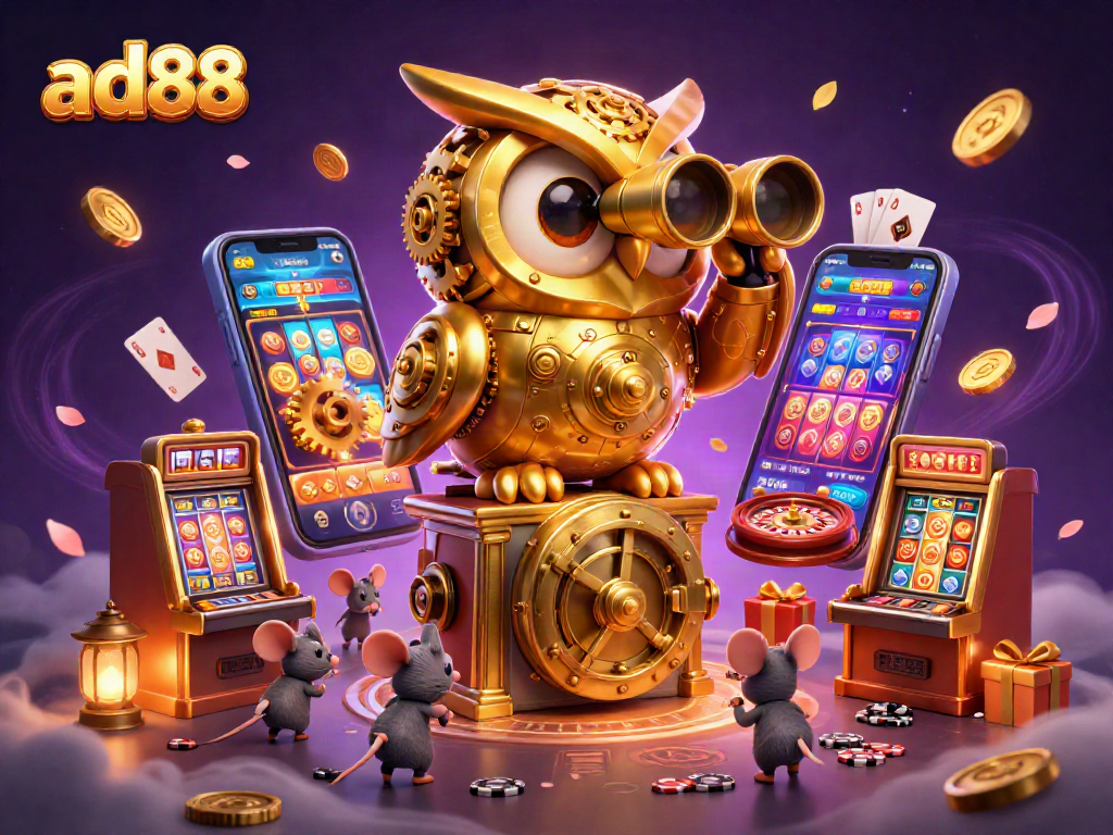 Engage in thrilling casino adventures with ad88's vibrant owl and animated slot machines.