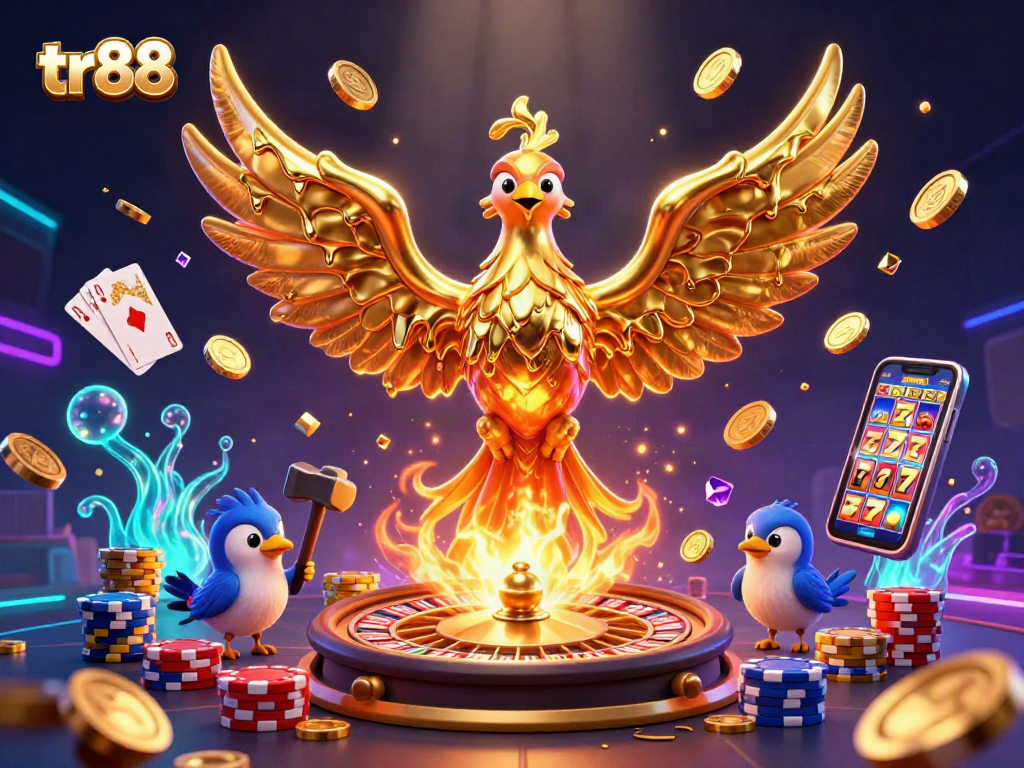 Join the excitement at tr88 with a molten golden phoenix surrounded by casino treasures and gaming action.