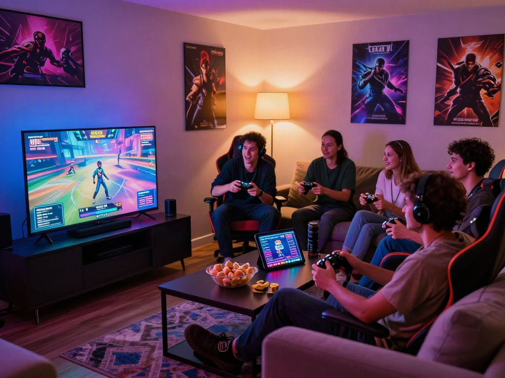 Group of friends enjoying porn games in a vibrant gaming lounge.