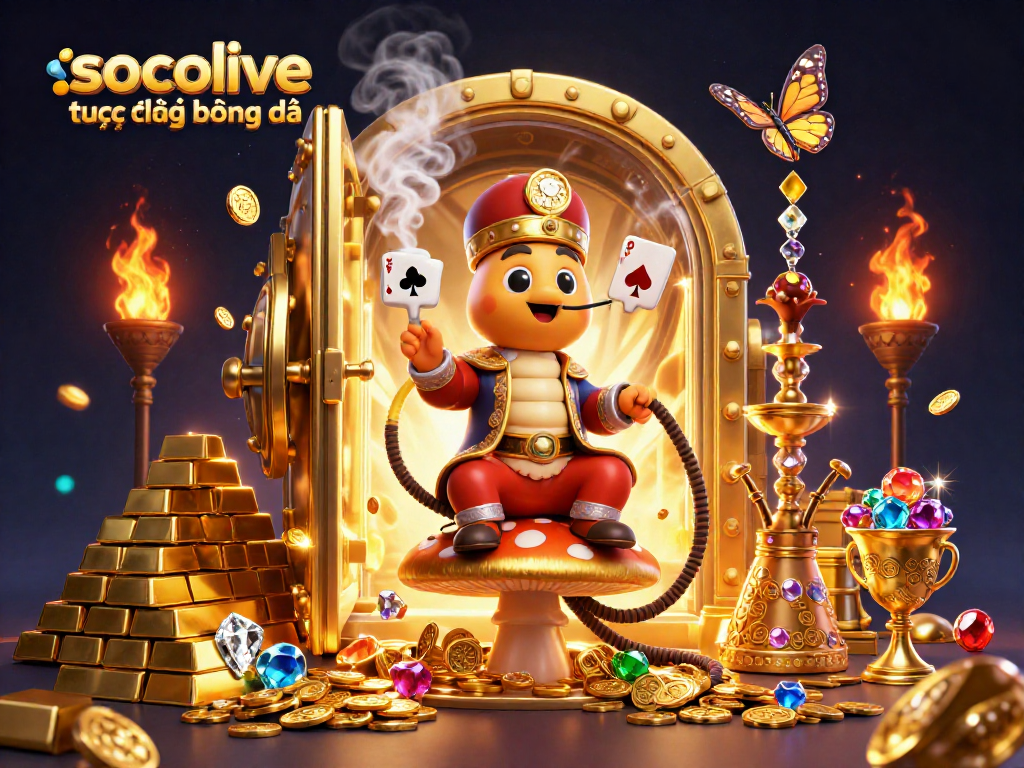 Socolive trực tiếp bóng đá showcasing an extravagant caterpillar master, rich in gold textures, while playful smoke forms poker symbols in a casino-like atmosphere.