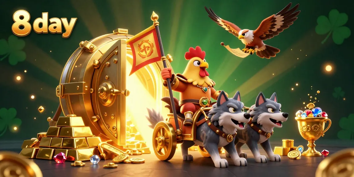 Experience the thrill of 8 day gaming with vibrant treasure and dynamic characters in a 3D casino illustration.
