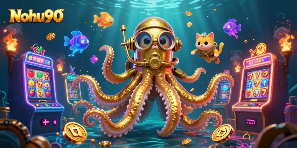 Nohu90 players spinning slot machines amidst a treasure-filled ocean adventure.