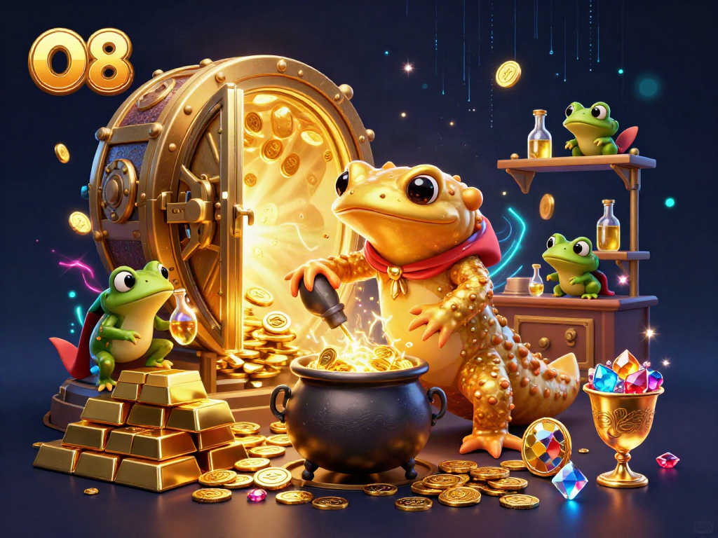 O8 showcases a vibrant casino scene with a golden alchemist, gold coins, and dynamic effects.