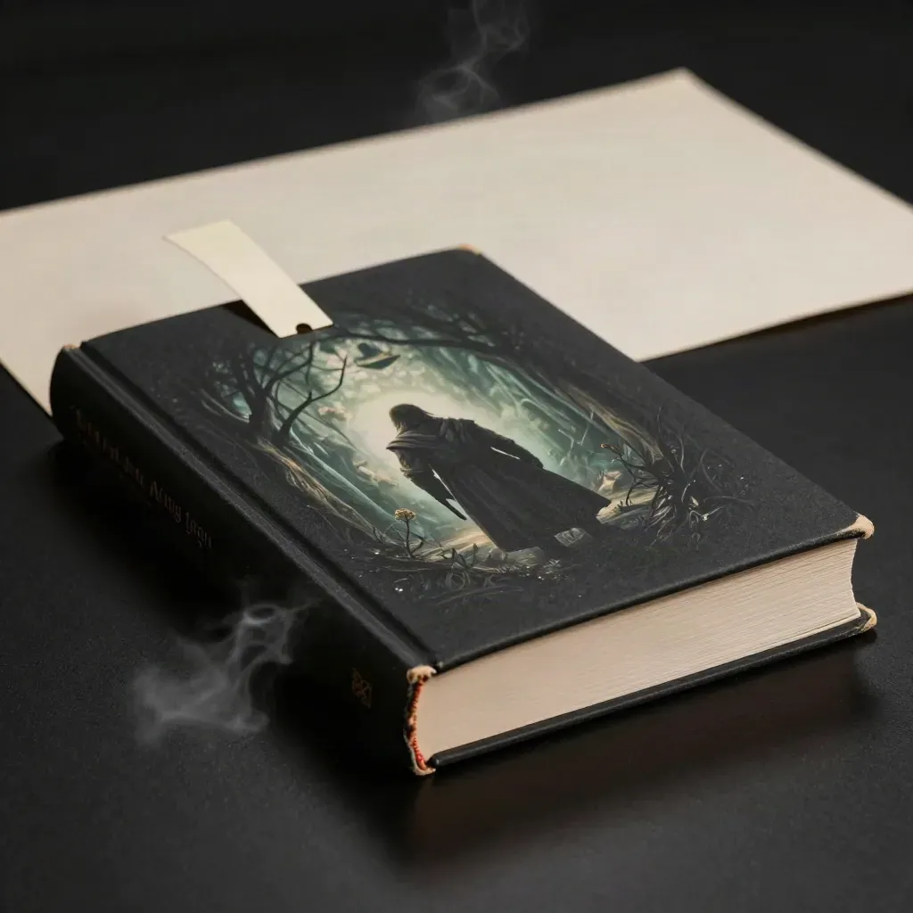 Libro fantasy hardcover con segnalibro a bacchetta e fogli chiari su fondo scuro.