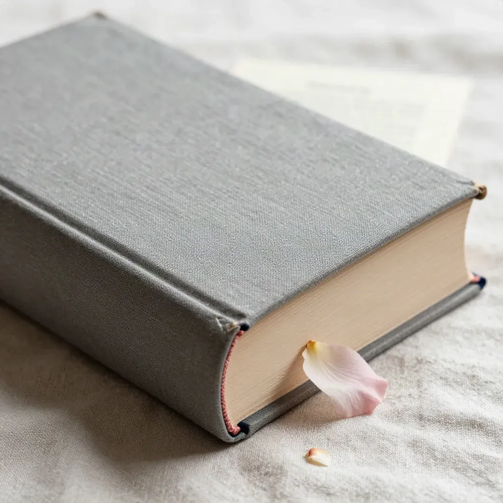 Libro in tela con segnalibro rosa e petali su lino morbido, visto dall’alto
