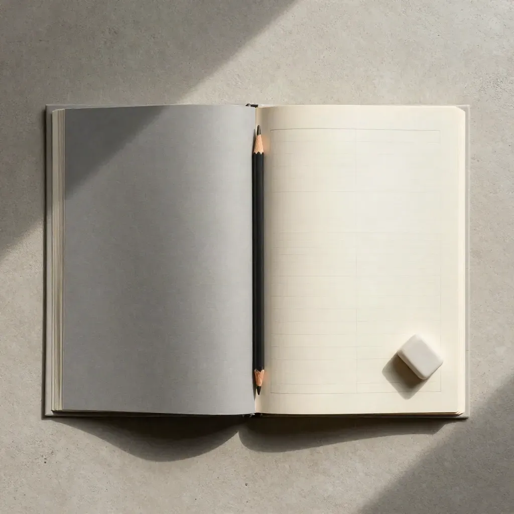 Workbook di matematica aperto con matita, gomma e fogli su pietra chiara.