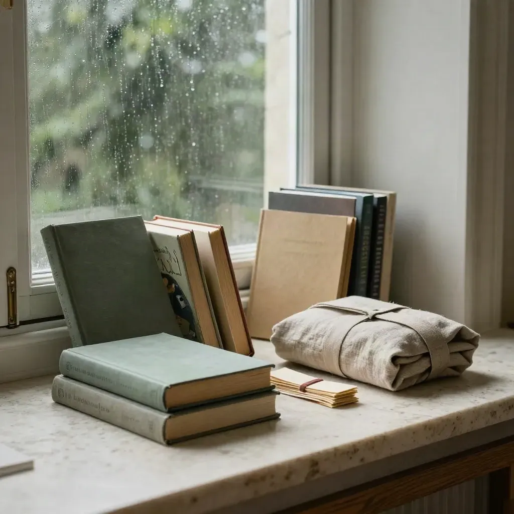 Pacco famiglia con libri, segnalibri e lino su mensola di pietra, luce morbida da pioggia.