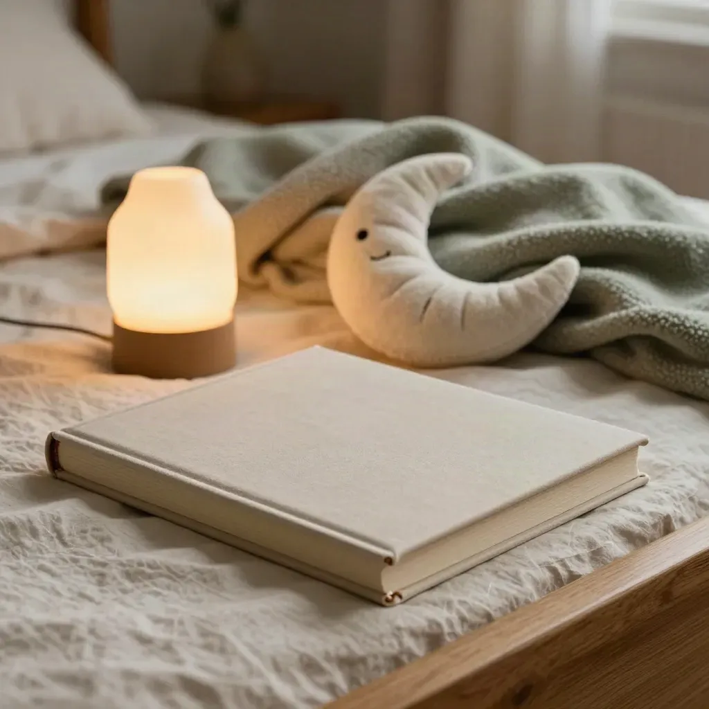 Libro per bambini accanto a coperta, lampada in ceramica e luna di peluche su letto accogliente.