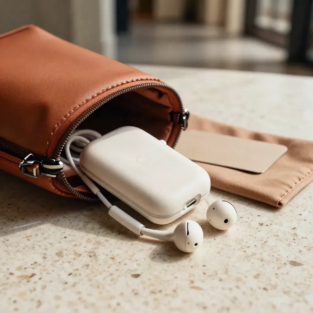 Custodia audio, auricolari e pouch da viaggio su travertino, con luce morbida e tono terracotta.