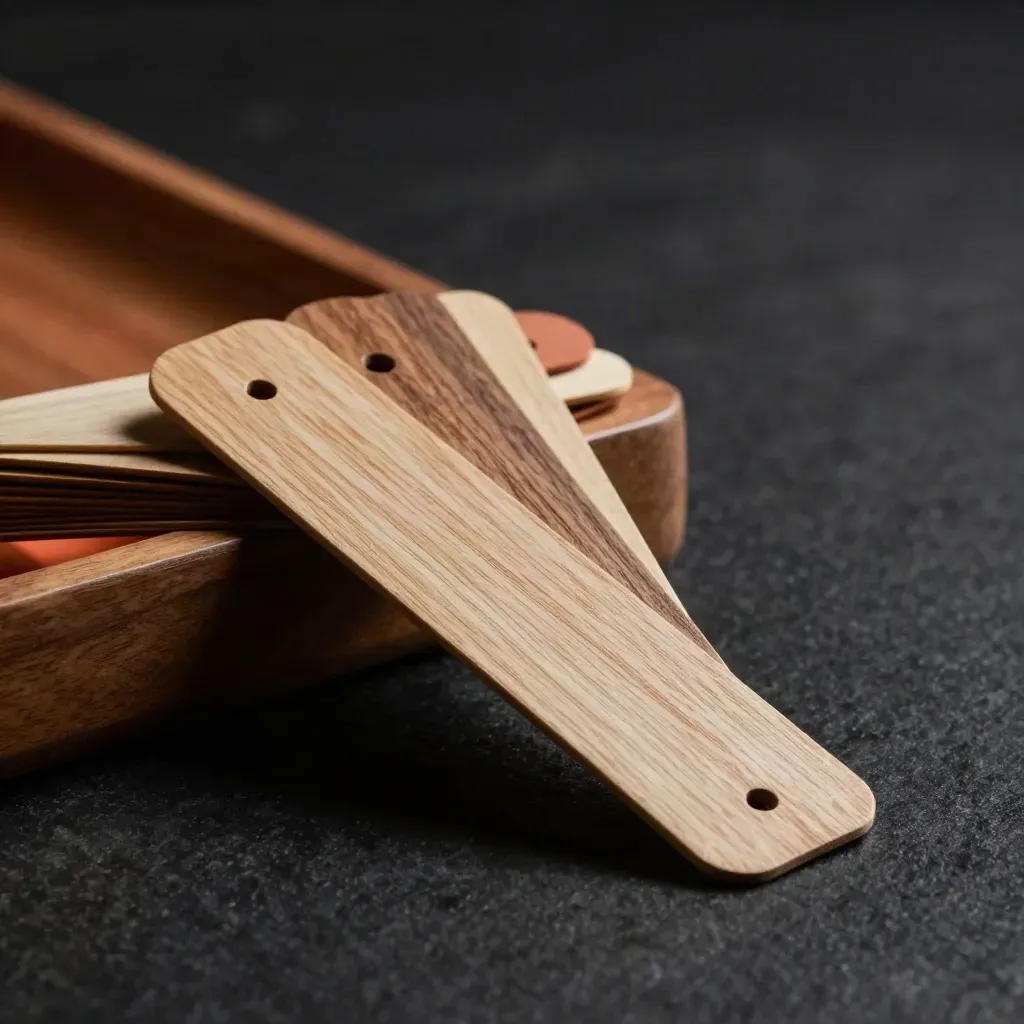 Segnalibri in legno fanned su pietra scura, luce drammatica e ombre lunghe.