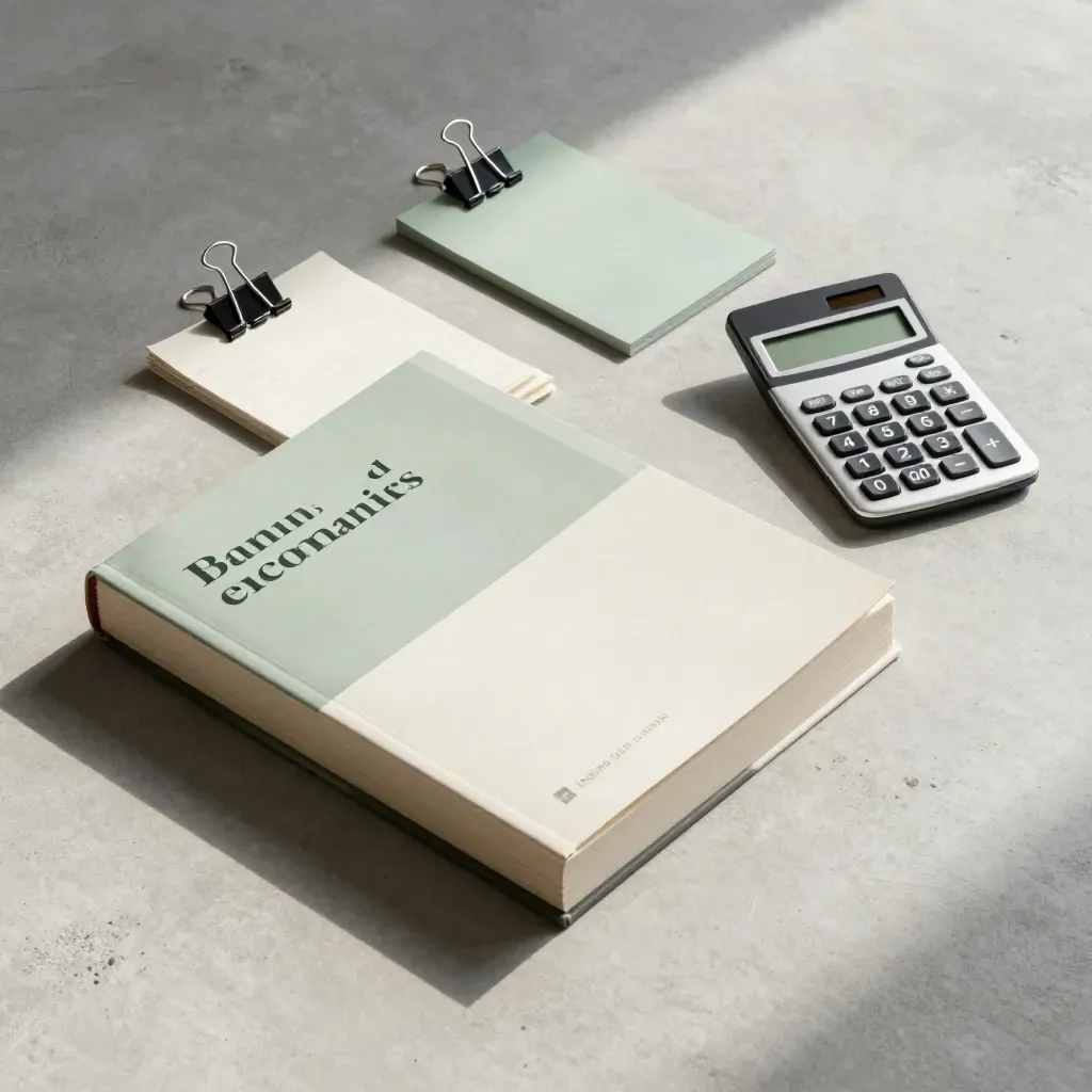 Flat lay dall’alto di manuale, calcolatrice, note con segnalibri e fermagli su cemento chiaro.