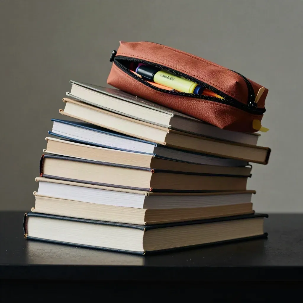 Pacchetto di scuola di settembre con libri, quaderni e astucci in diagonale drammatica.
