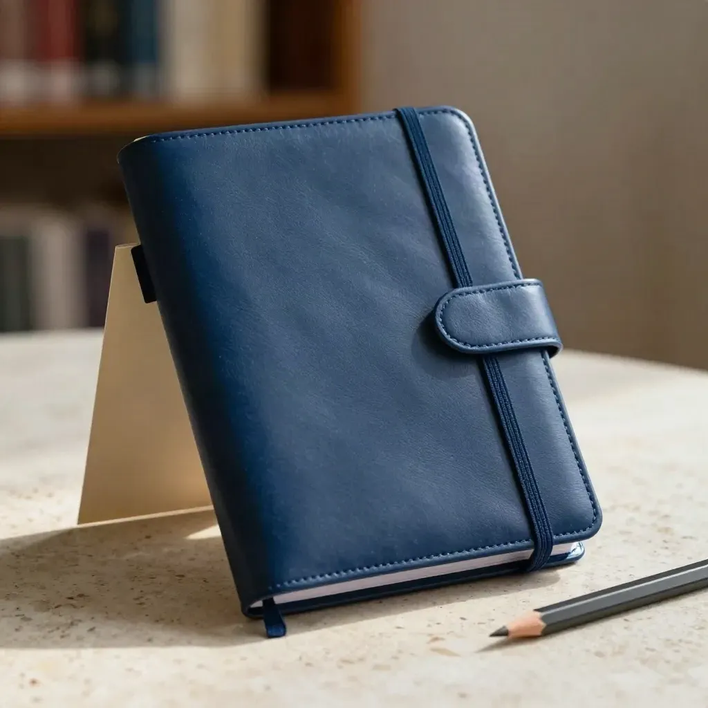Agenda universitaria chiusa con elastico, matita e inserto su travertino
