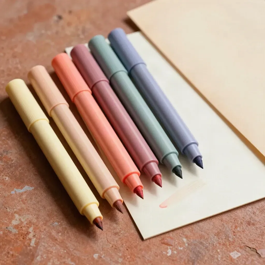 Sei evidenziatori colorati in arcata su foglio bianco e base terracotta.