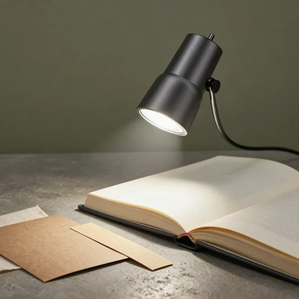 Lampada LED a clip che illumina il bordo di un libro aperto su fondo in cemento.