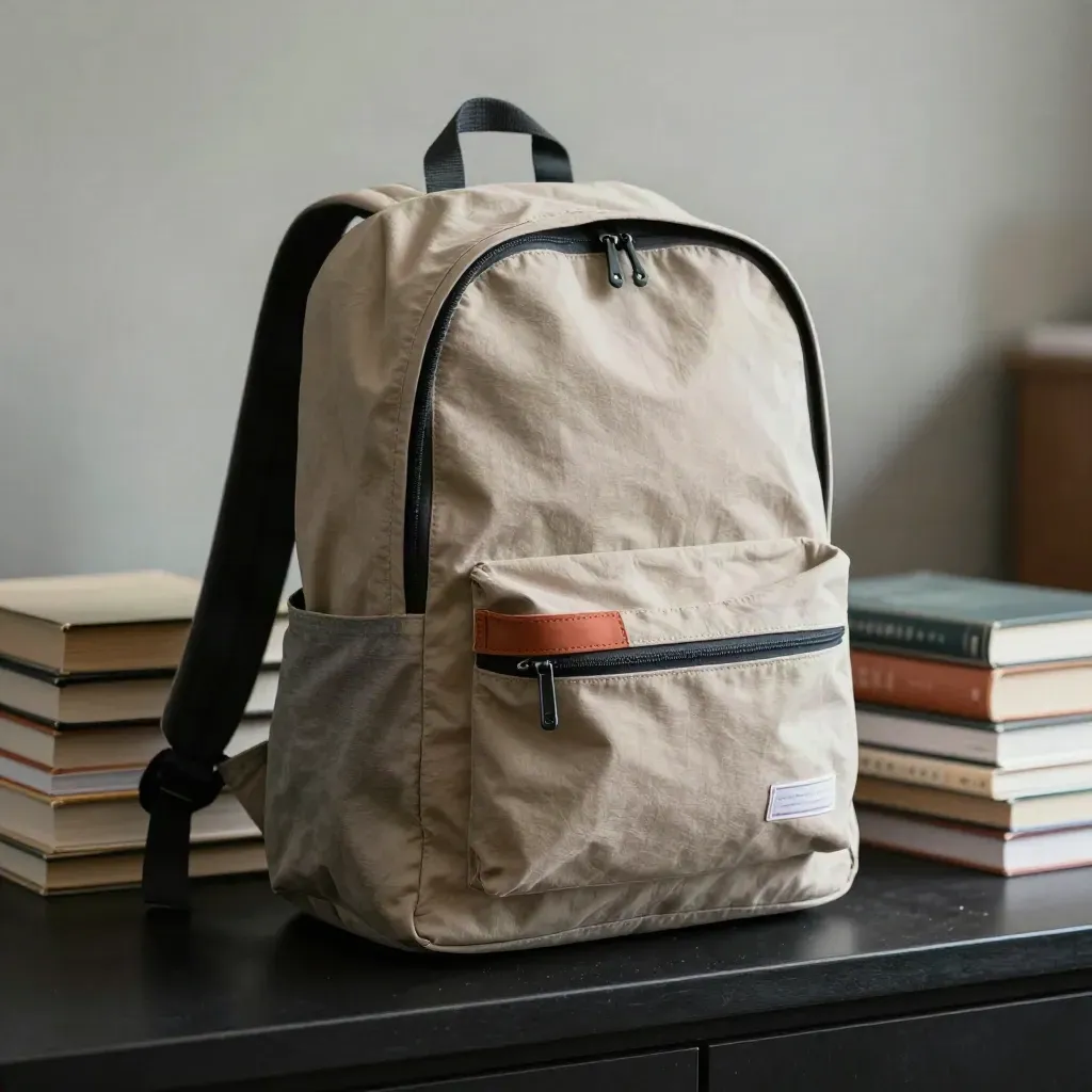 Zaino scolastico aperto con libri che spuntano, su base scura in luce drammatica.