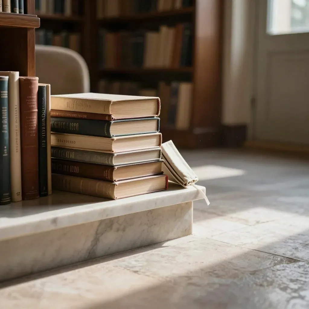 Libri italiani su un davanzale di marmo in una sala lettura luminosa, con scaffali sfocati.