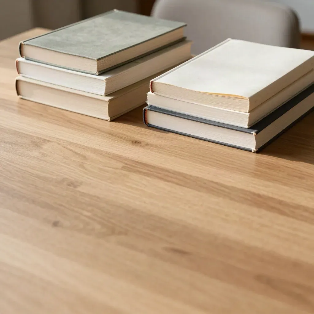 Libri scolastici su legno caldo con luce morbida e angolo di poltrona sfocato in alto