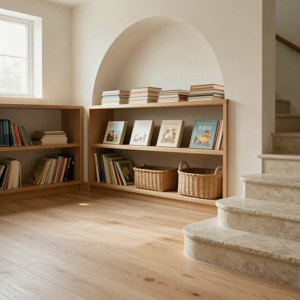Scala di biblioteca luminosa con mensole basse e arco in intonaco, luce del mattino
