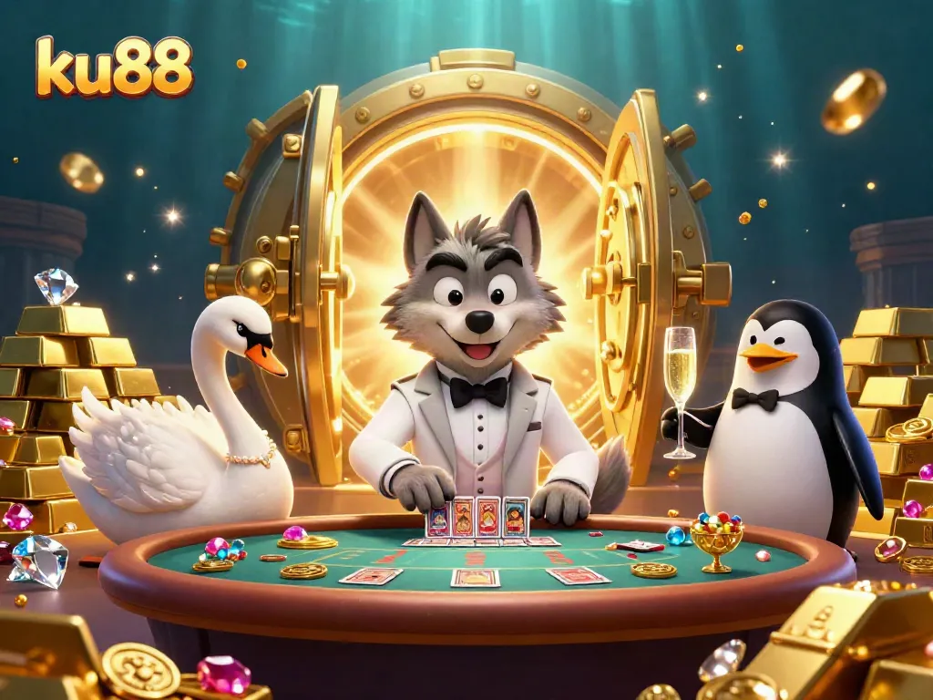 Experience thrilling baccarat action with ku88's fun characters, gold treasures, and luxurious illustrations.