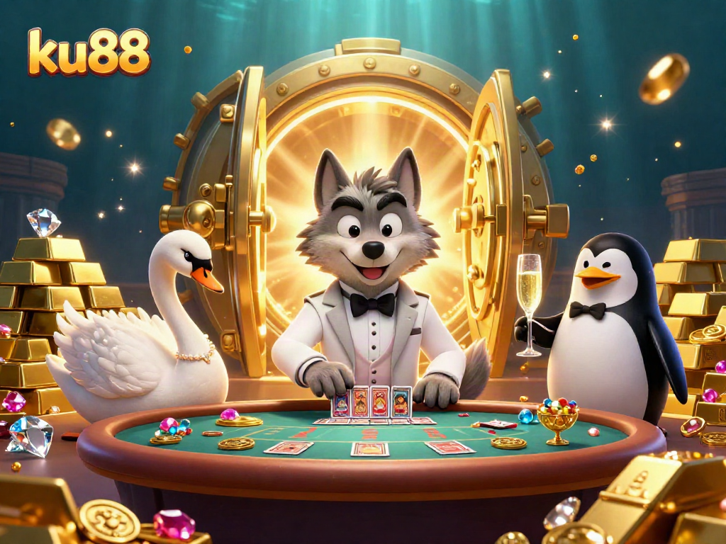 Experience thrilling baccarat action with ku88's fun characters, gold treasures, and luxurious illustrations.