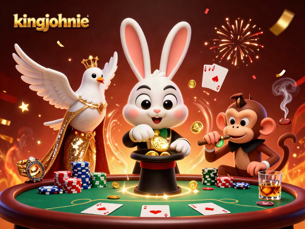 Experience thrilling wins at kingjohnnie with a festive casino scene featuring poker play and exciting characters.
