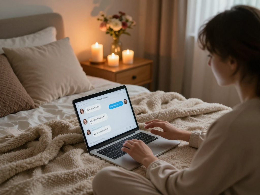 Engaging in an intimate conversation with sex AI in a cozy bedroom setting.