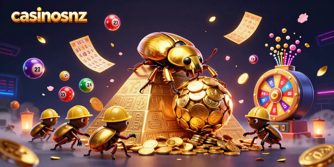 Exciting casinosnz scene with golden beetles celebrating massive casino wins in a vibrant digital landscape.