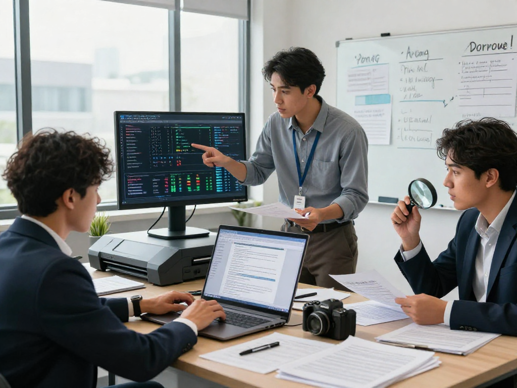 Business team collaborating on document fraud detection analysis with data visualization tools and scanning equipment.