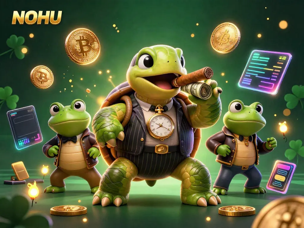 Experience the thrilling casino atmosphere with NOHU's 3D characters and glowing cryptocurrency elements.