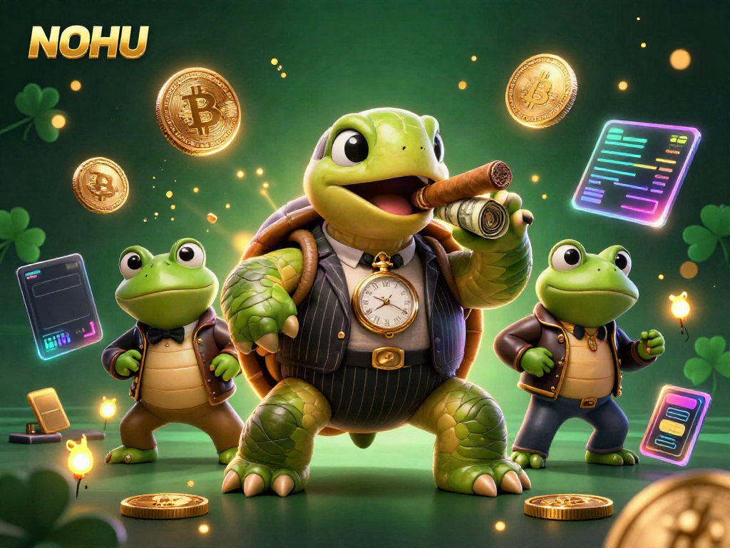Experience the thrilling casino atmosphere with NOHU's 3D characters and glowing cryptocurrency elements.