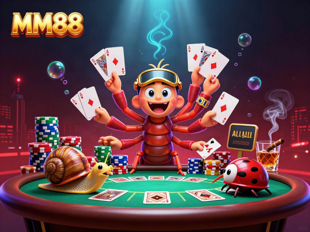 Experience the excitement of MM88 with a vibrant 3D casino illustration featuring unique characters and game elements.