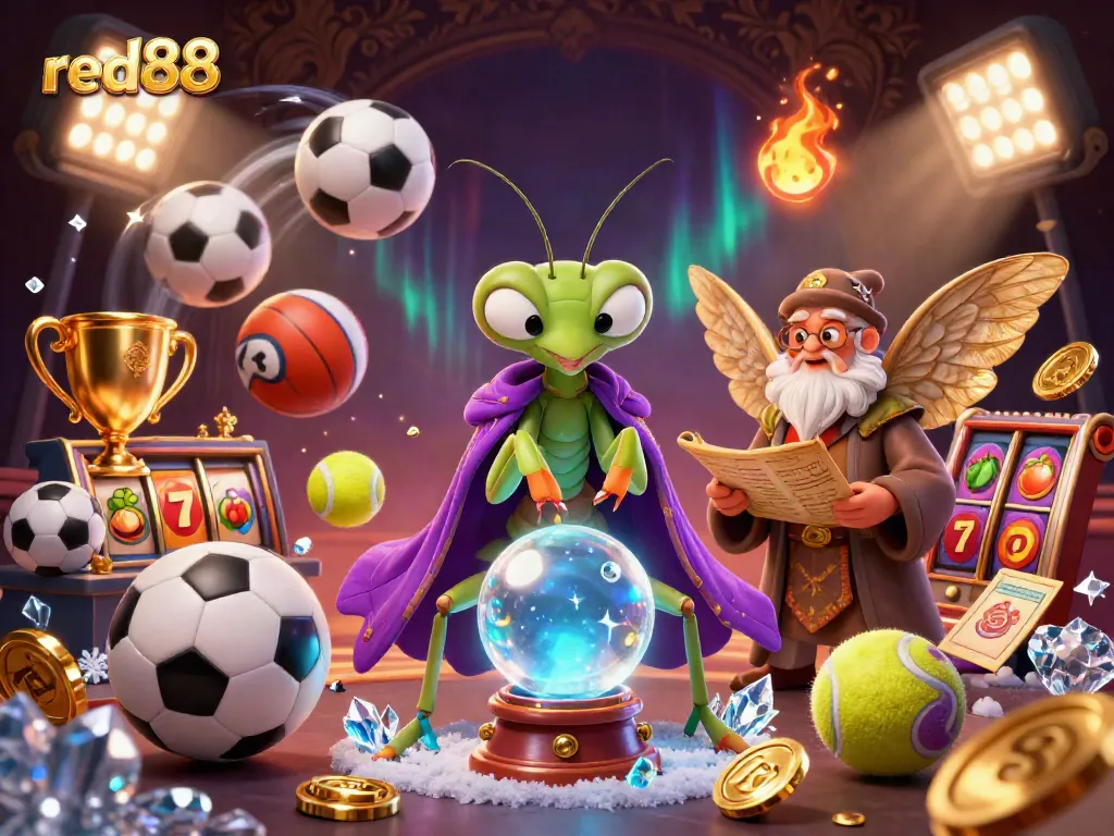 Experience the thrill of red88 with a vibrant scene of mystical fortune tellers and dynamic casino elements.