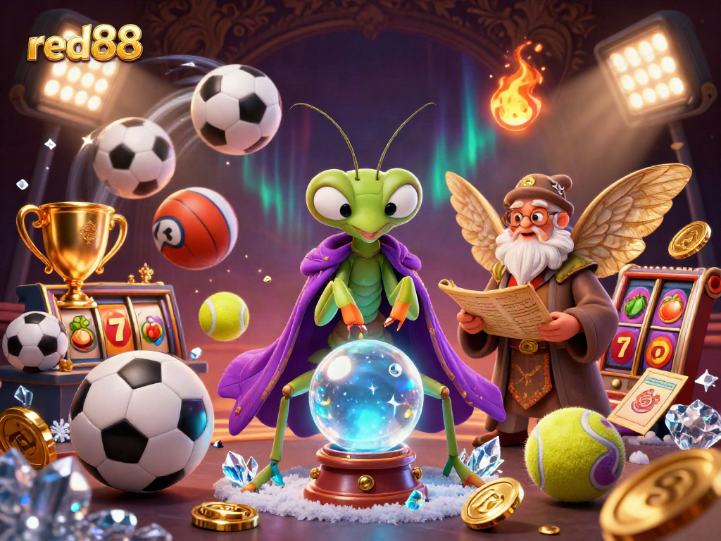 Experience the thrill of red88 with a vibrant scene of mystical fortune tellers and dynamic casino elements.