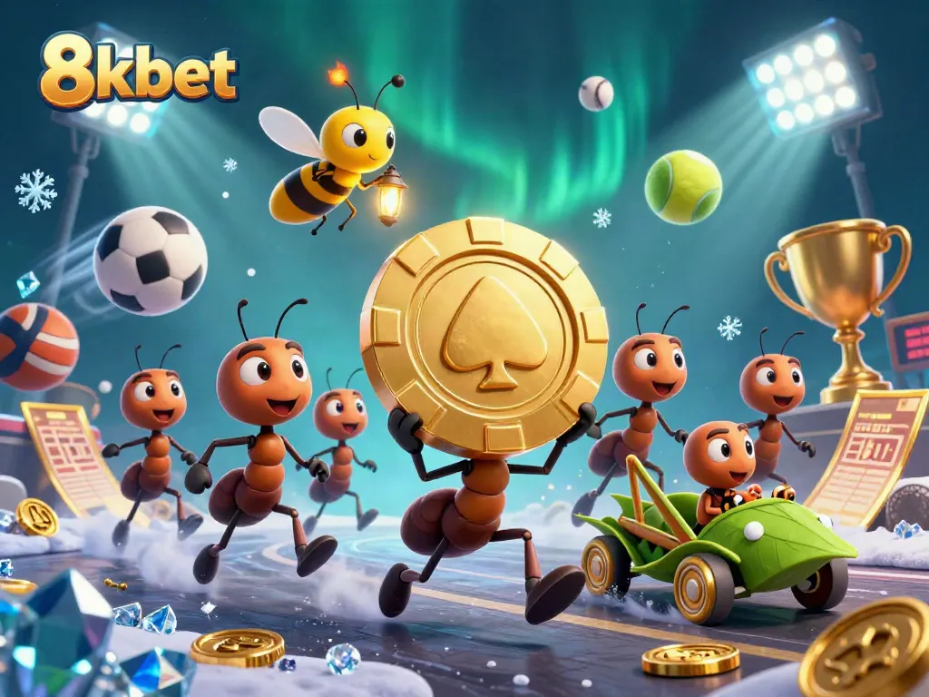 Join the heist at 8xbet, where cartoon ants steal a giant poker chip amidst sports excitement.