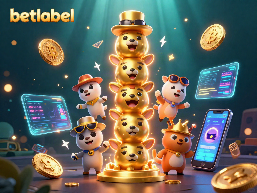 Win big with Betlabel in this vibrant casino scene showcasing a golden totem and crypto elements.