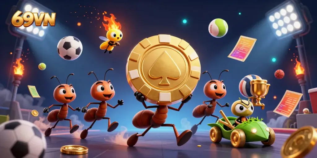 Engage with the thrilling world of 69VN as animated ants heist a golden poker chip.