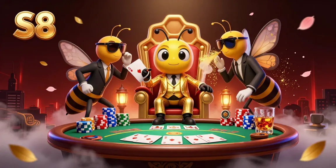 Experience thrilling poker action at S8 with a bumblebee mob boss and his elite entourage in a rich casino scene.