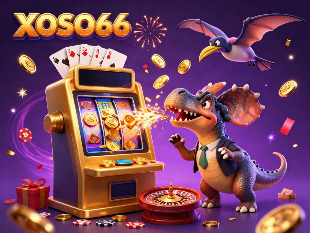 XOSO66 features a cartoon dinosaur at a slot machine, amidst a vibrant casino scene with golden coins and gaming themes.